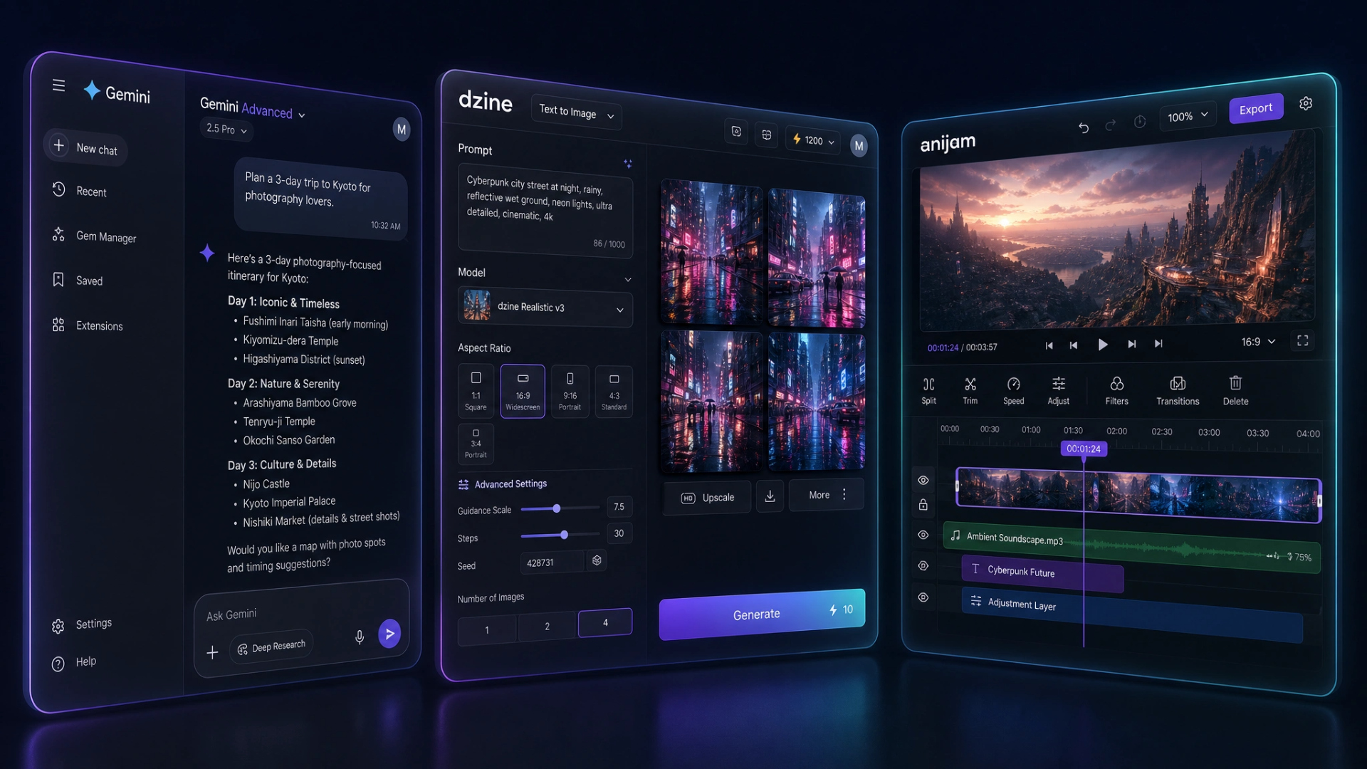 AI tools dashboard with image generation and video editor interfaces