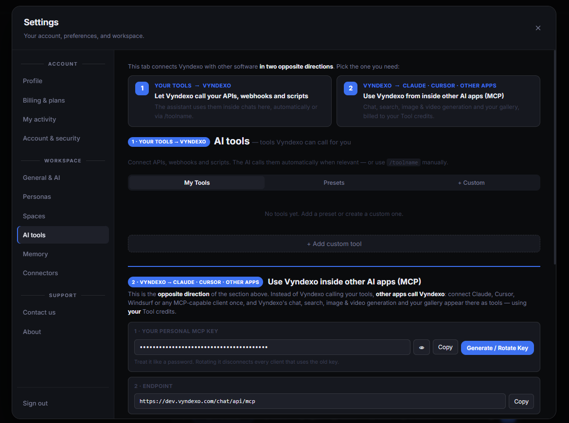 Vyndexo AI tools settings: your tools to Vyndexo, and Vyndexo inside other AI apps via MCP with a personal key and endpoint