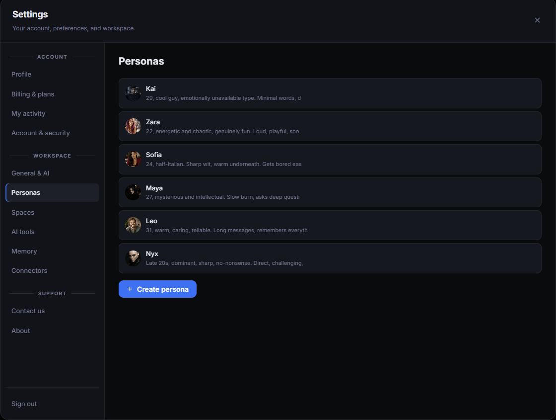 Personas in Vyndexo settings: a list of characters with a Create persona button