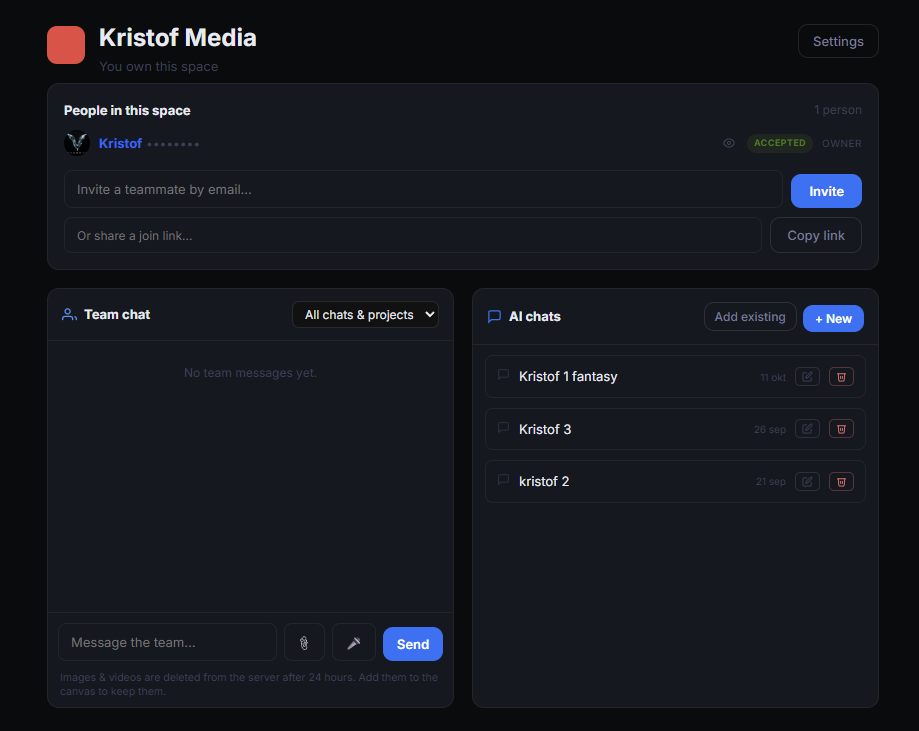 A Vyndexo Space: people in the space, invite by email or link, team chat and shared AI chats