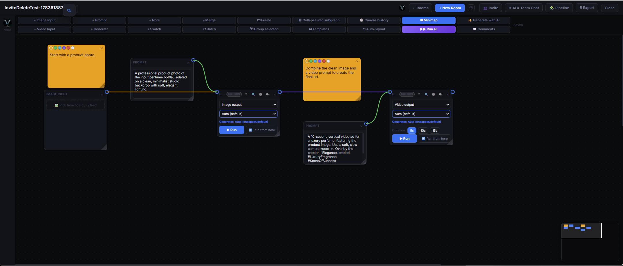 Vyndexo Headquarters: a node-based pipeline connecting text, image and video steps