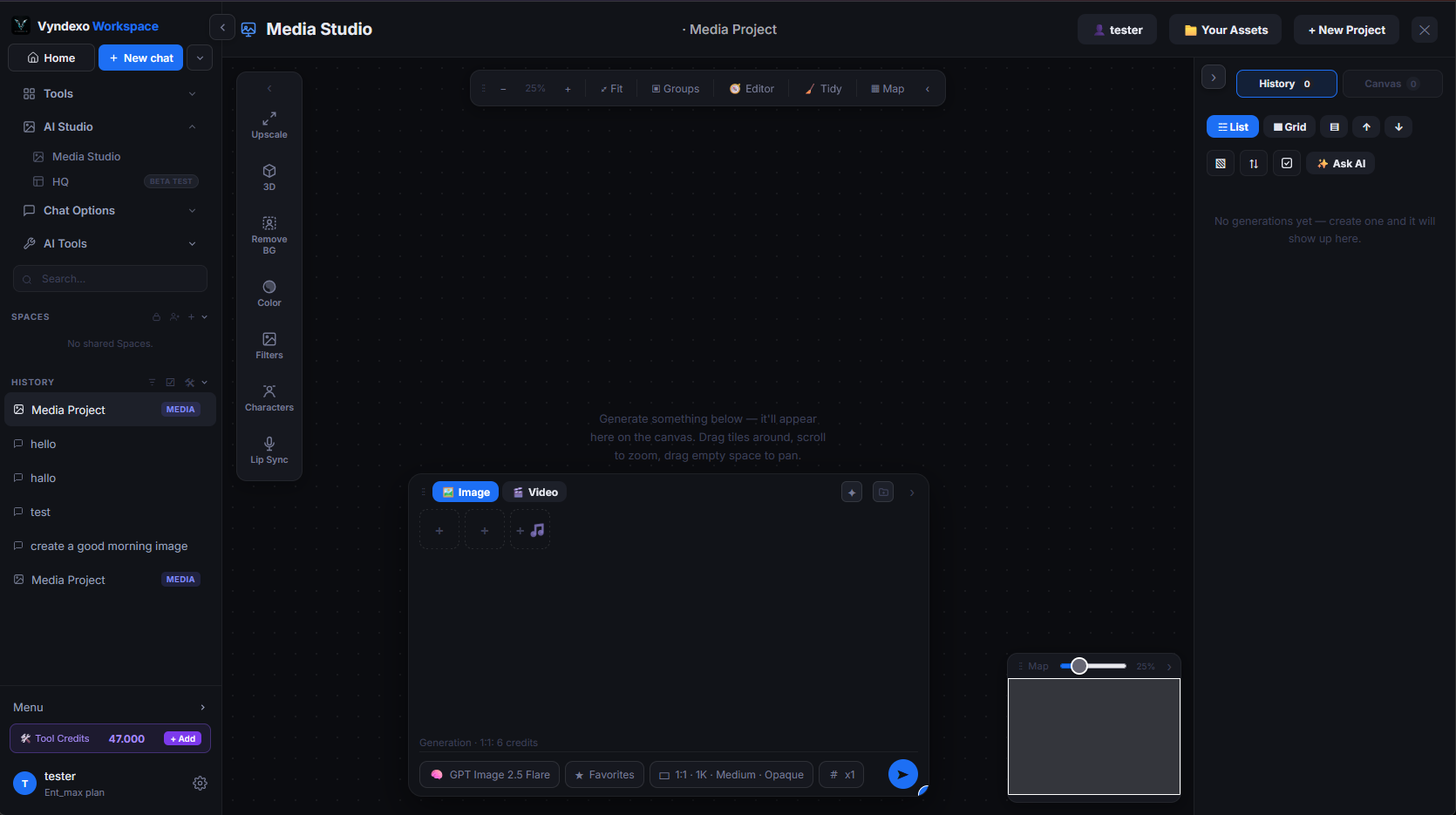 Vyndexo Media Studio with the generation box, model settings and asset panels open