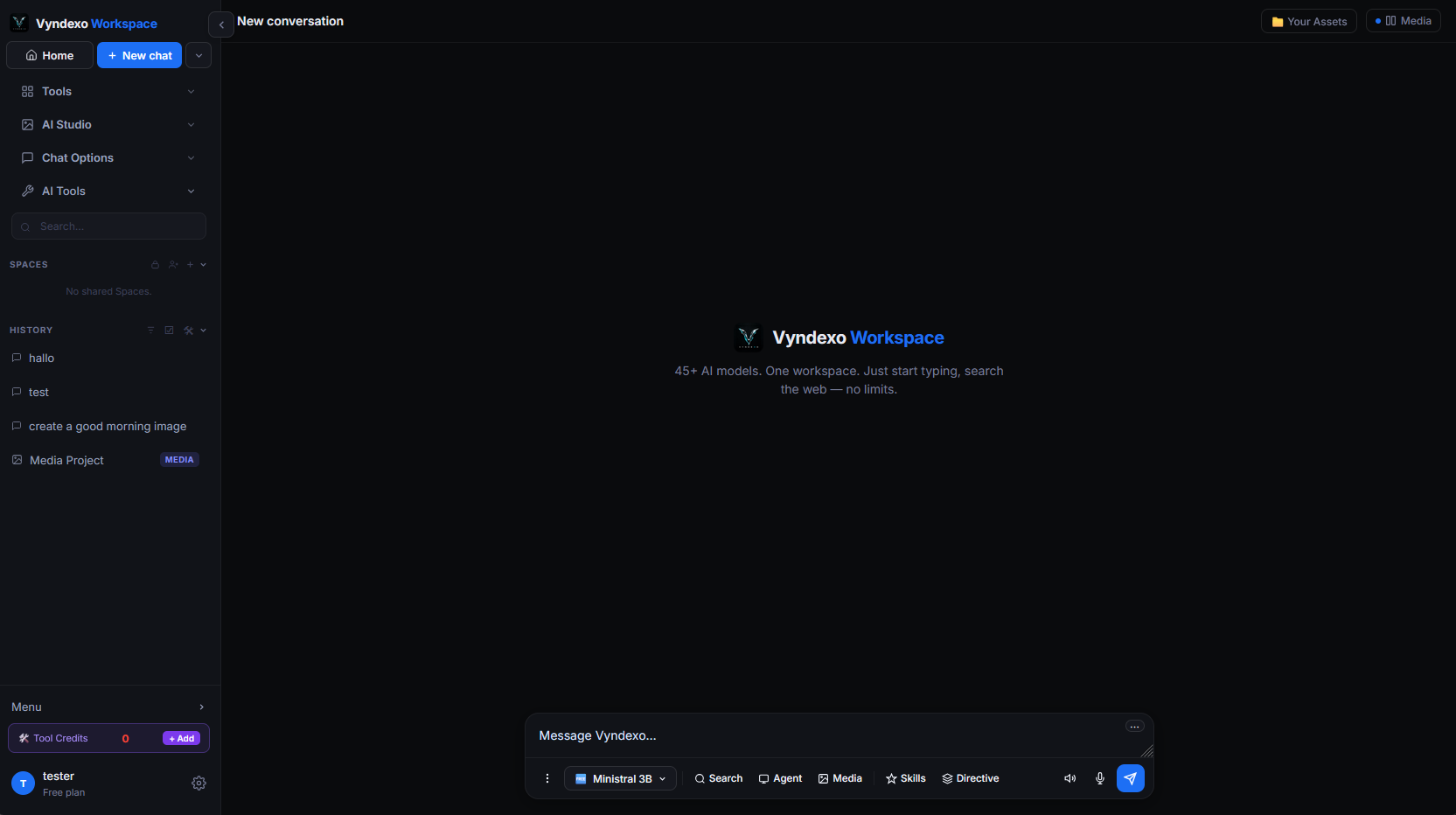 The Vyndexo workspace: sidebar with Tools, AI Studio, Chat Options and AI Tools, and the chat composer with the model picker