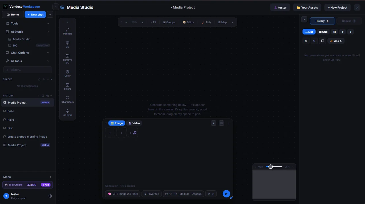 Vyndexo Media Studio with a prompt composer, model controls and a project image gallery