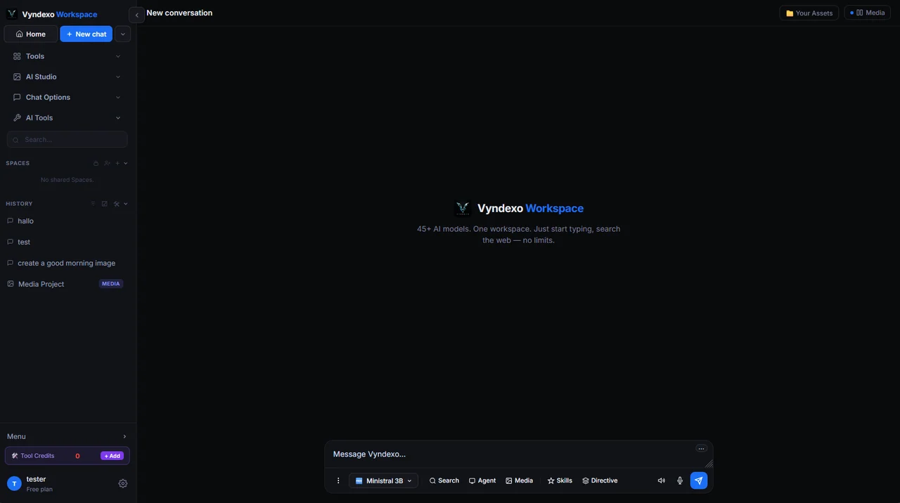 Vyndexo workspace showing the chat composer, conversation and workspace navigation